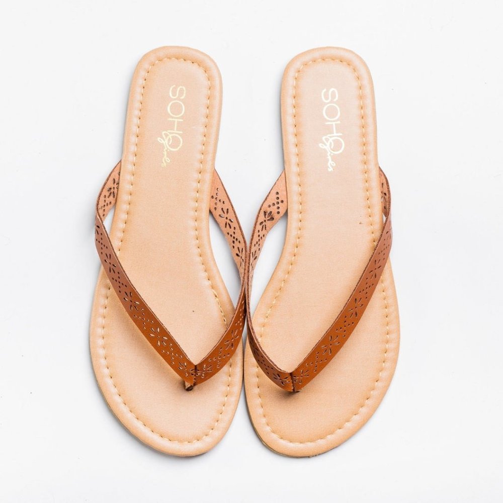 SoHo Women Beautiful Fashionable Summer Laser Cut Flip Flops - Tan - Size 10